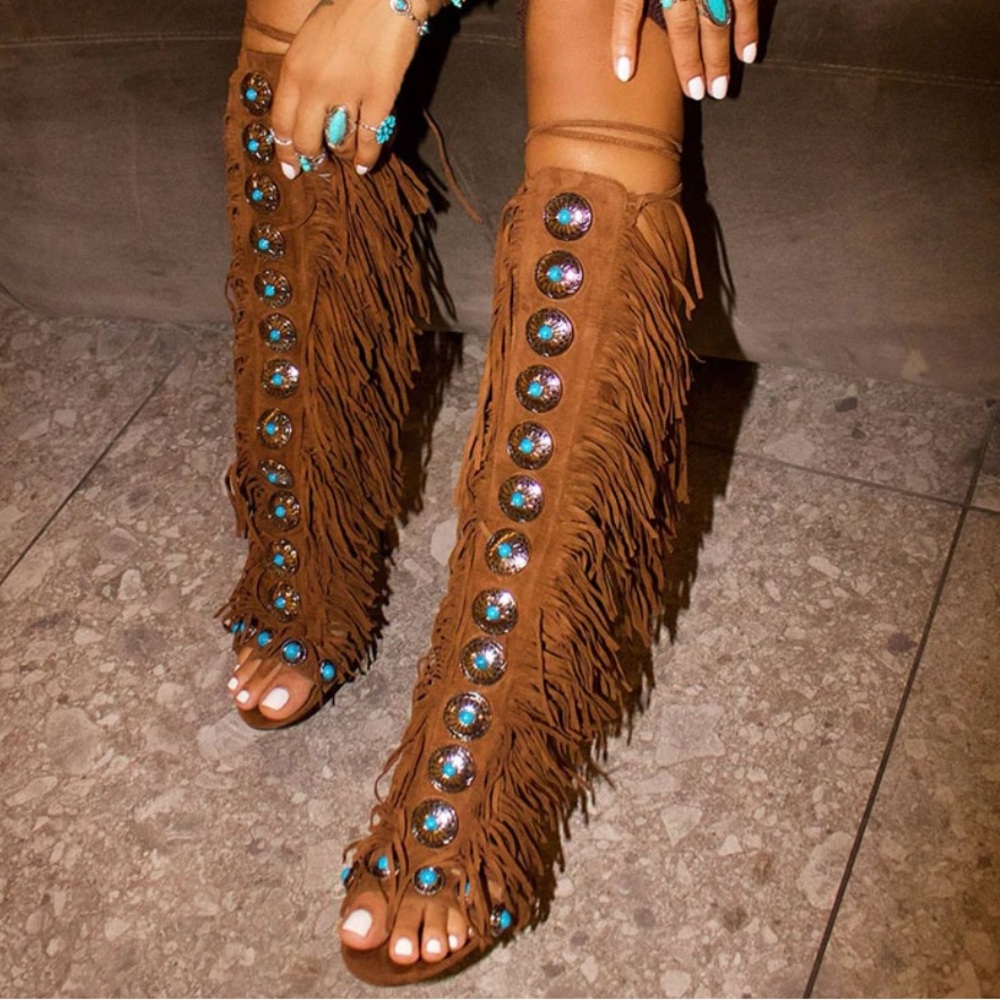 Brown Fringe Knee-High Sandals with Turquoise Accents